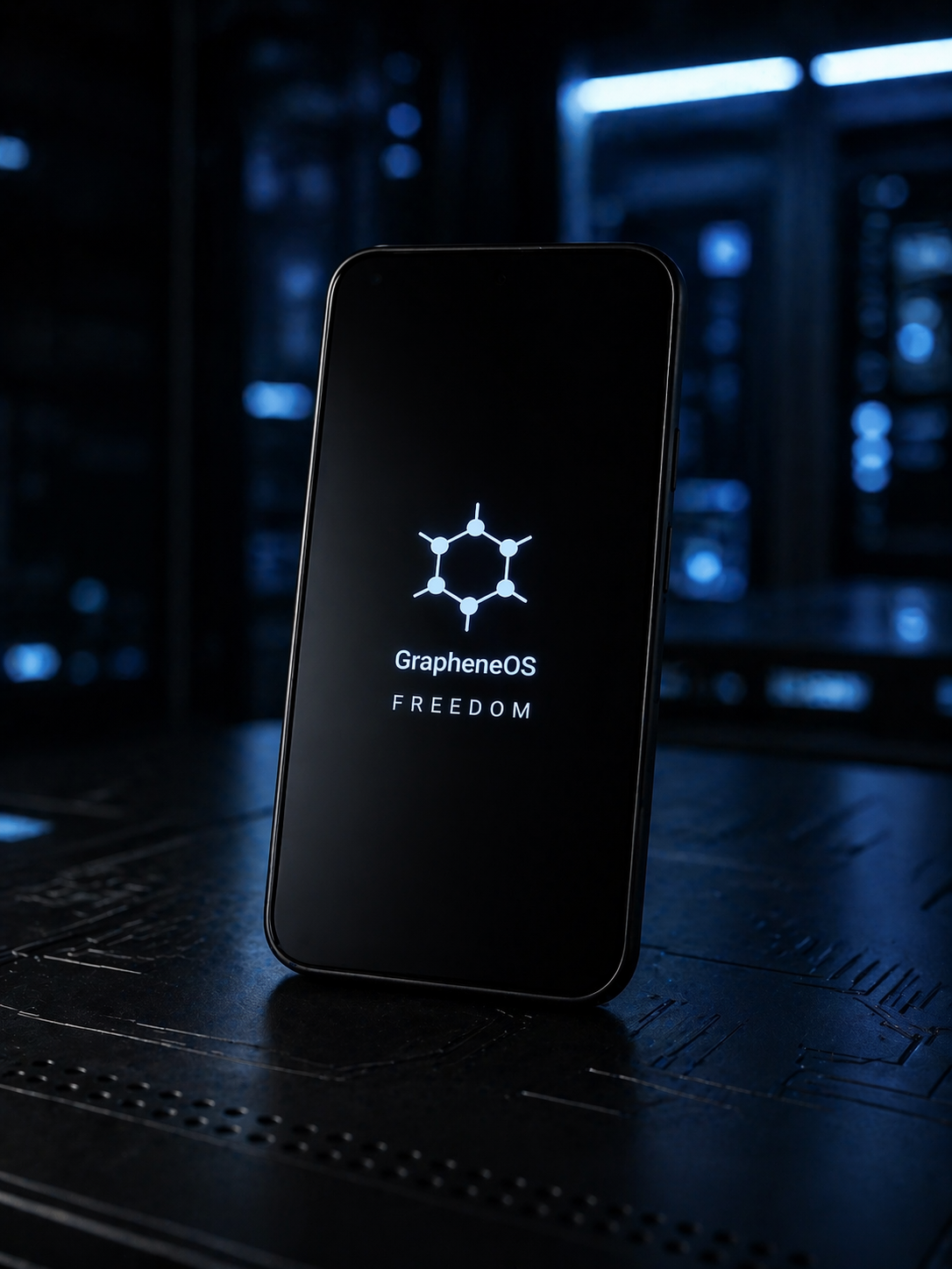 A hardened phone on a dark machined surface, operations equipment blurred behind.